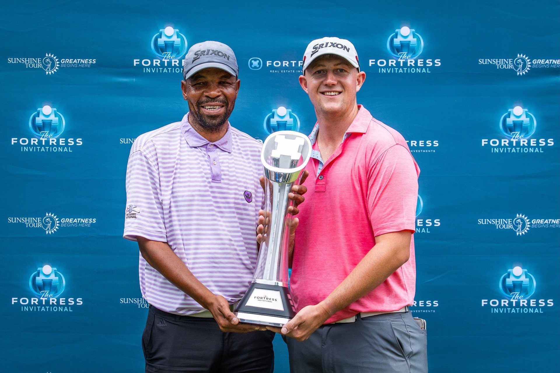 Warwick Purchase with his caddie Charley Msiza, who received a Sunshine Tour medallion for the winning caddie. (Photo by Tyrone Winfield/Sunshine Tour)